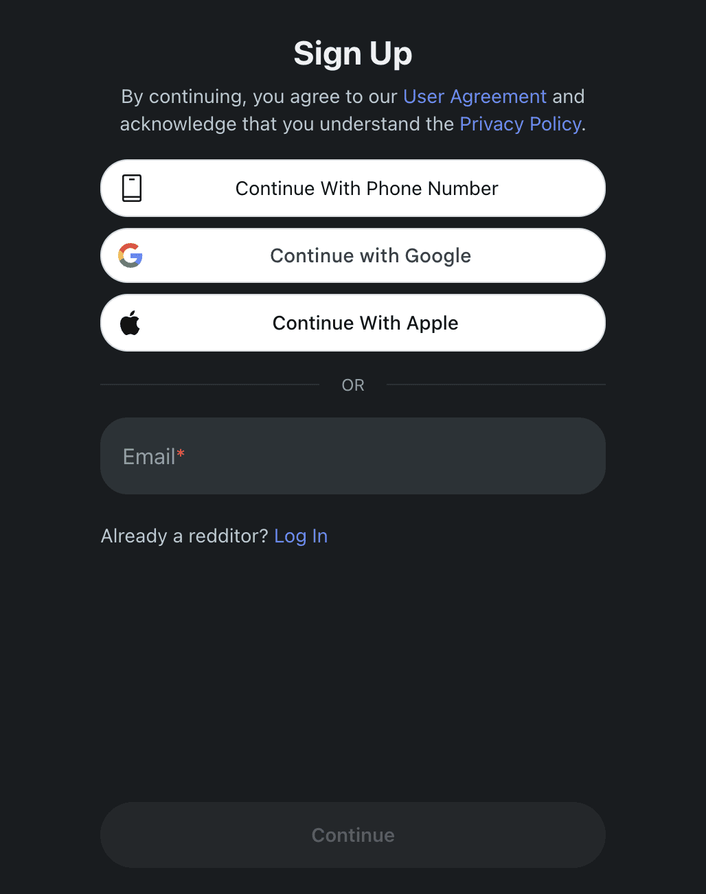 Screenshot of Reddit Sign-Up